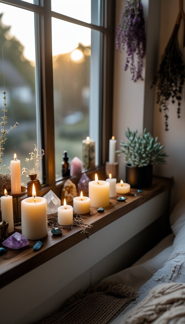 A small bedroom windowsill with a mini altar featuring lit candles, crystals, and decorative items, illuminated by natural light.