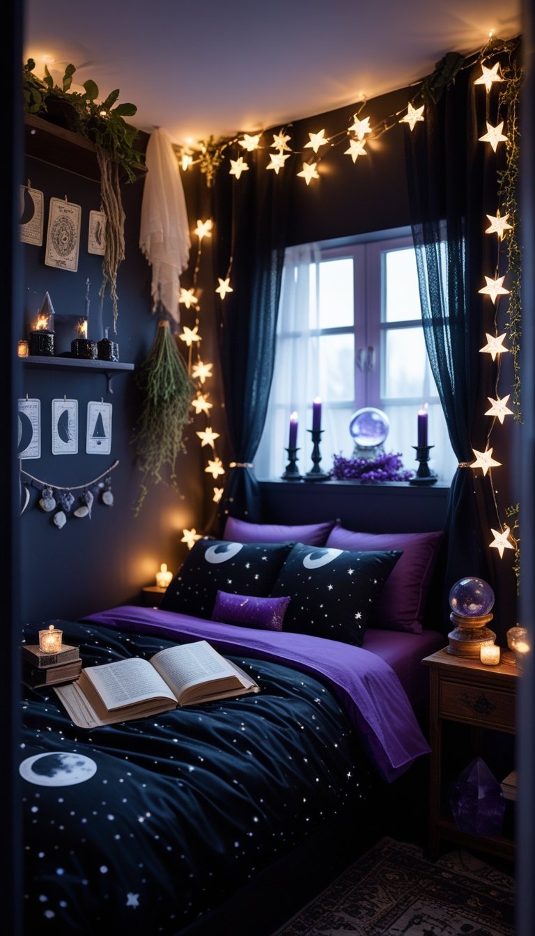 A small bedroom decorated with star-shaped fairy lights, dark bedding, crystals, candles, and witchy decor creating a cozy mystical atmosphere.