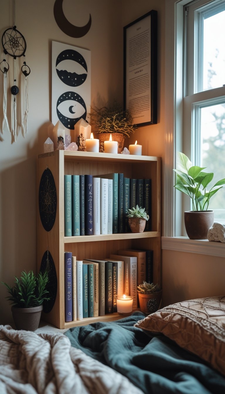 A small bedroom corner with a compact bookshelf holding spell books and tarot decks, decorated with crystals, candles, and plants near a window.