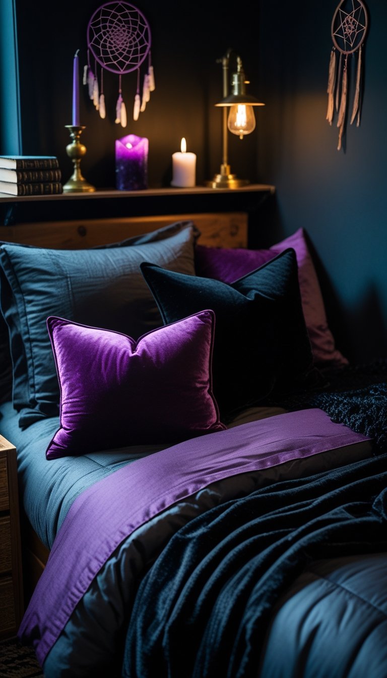 A small bedroom corner with a bed featuring deep purple and black velvet throw pillows, a wooden nightstand with a lamp and books, and soft ambient lighting.