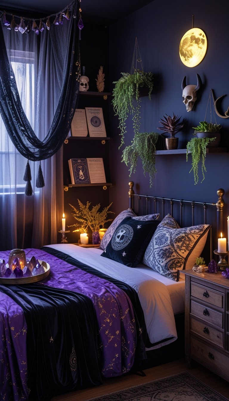 A bedroom with dark curtains, a canopy bed, crystals, candles, tarot cards, plants, and mystical decorations arranged neatly on shelves and tables.