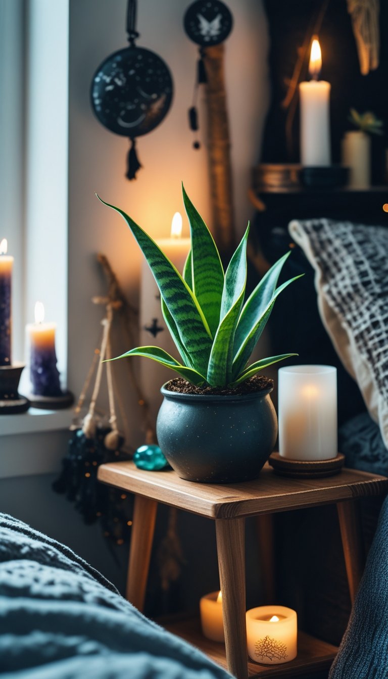 A small potted snake plant on a wooden shelf in a cozy bedroom corner with candles and crystals nearby.