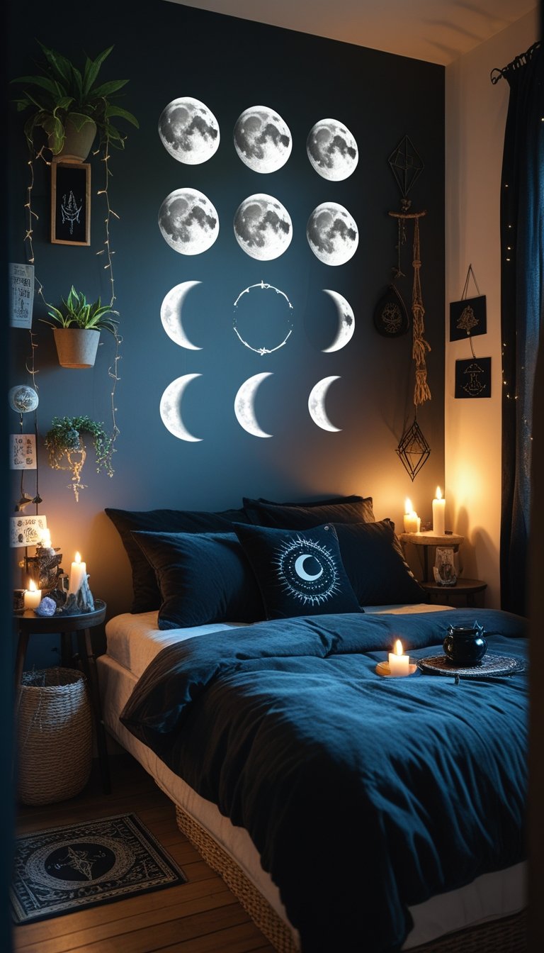 A small bedroom with a bed in front of a wall decorated with a moon phase decal, featuring witchy decor like candles, crystals, and plants.