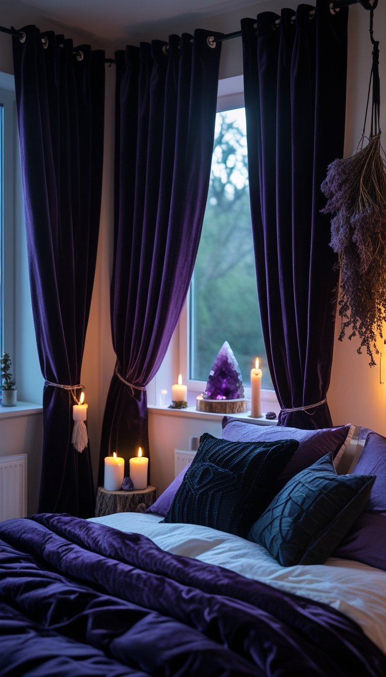 A bedroom with dark blackout velvet curtains partially closed, soft warm lighting, and witchy decor including candles, crystals, and dried herbs.