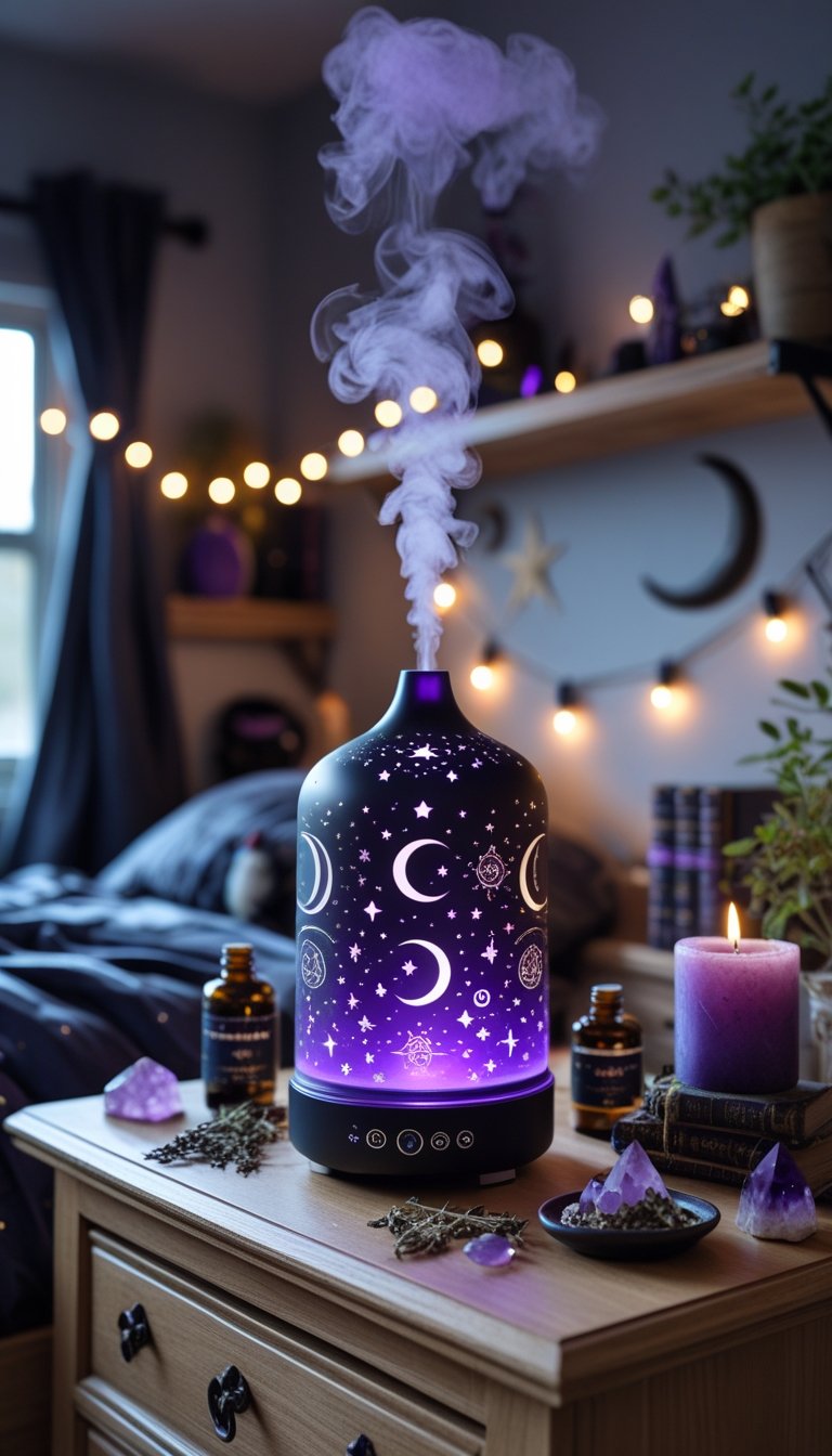 A witchy-themed essential oil diffuser on a wooden dresser in a small bedroom with crystals, candles, and mystical decor around it.