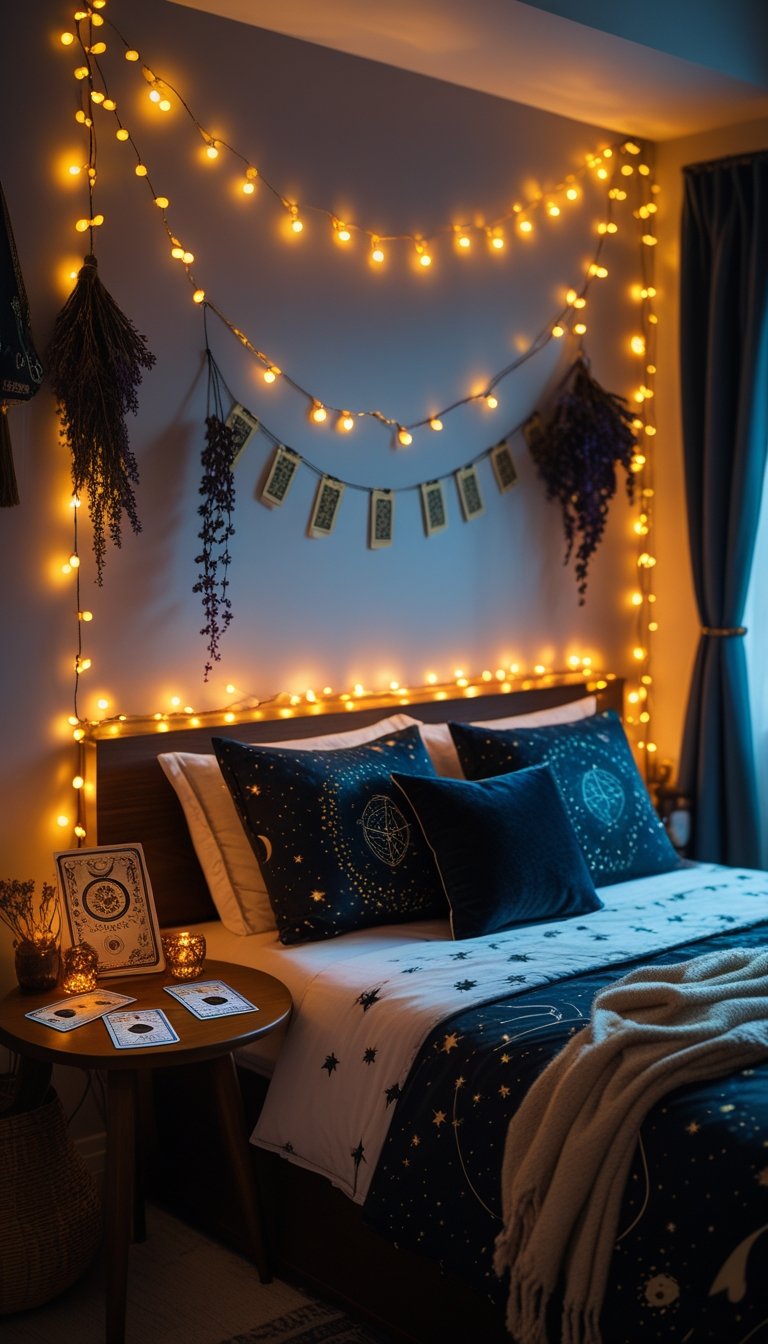A bedroom softly lit by warm amber string lights with mystical crystals, dried herbs, tarot cards, and dark bedding with celestial patterns.