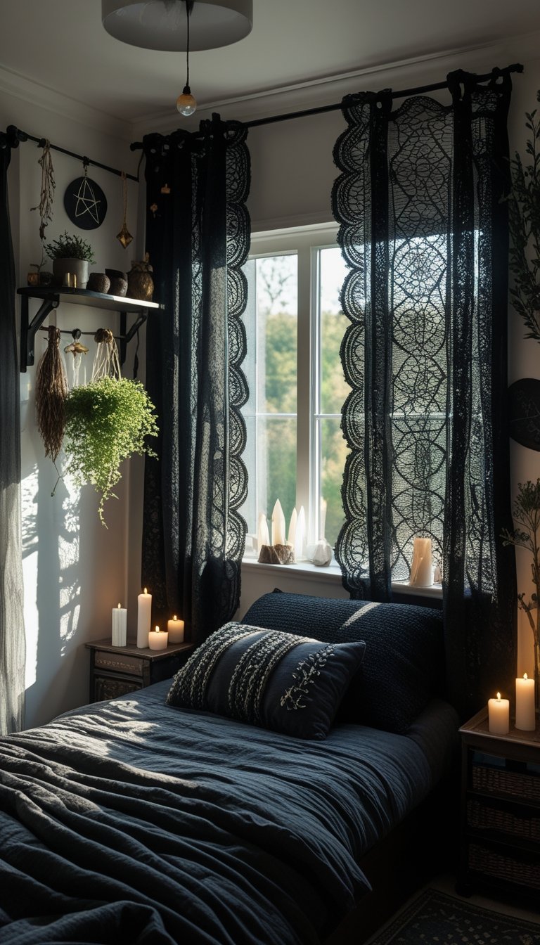 A small bedroom lit by natural light filtered through a black lace curtain, featuring dark furniture, crystals, candles, and cozy bedding.