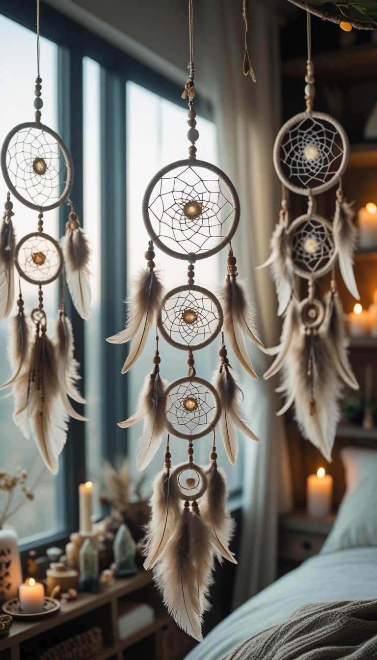 A bedroom with several dreamcatchers hanging near large windows, with natural light illuminating the cozy space.