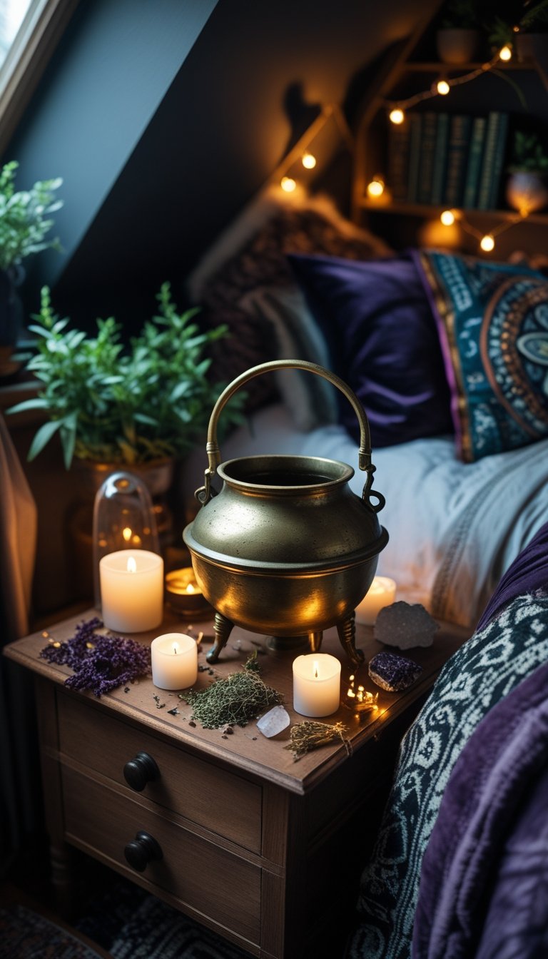 A small bedroom with a vintage brass cauldron on a bedside table surrounded by candles, crystals, and dried herbs, with a bed and bookshelf in the background.