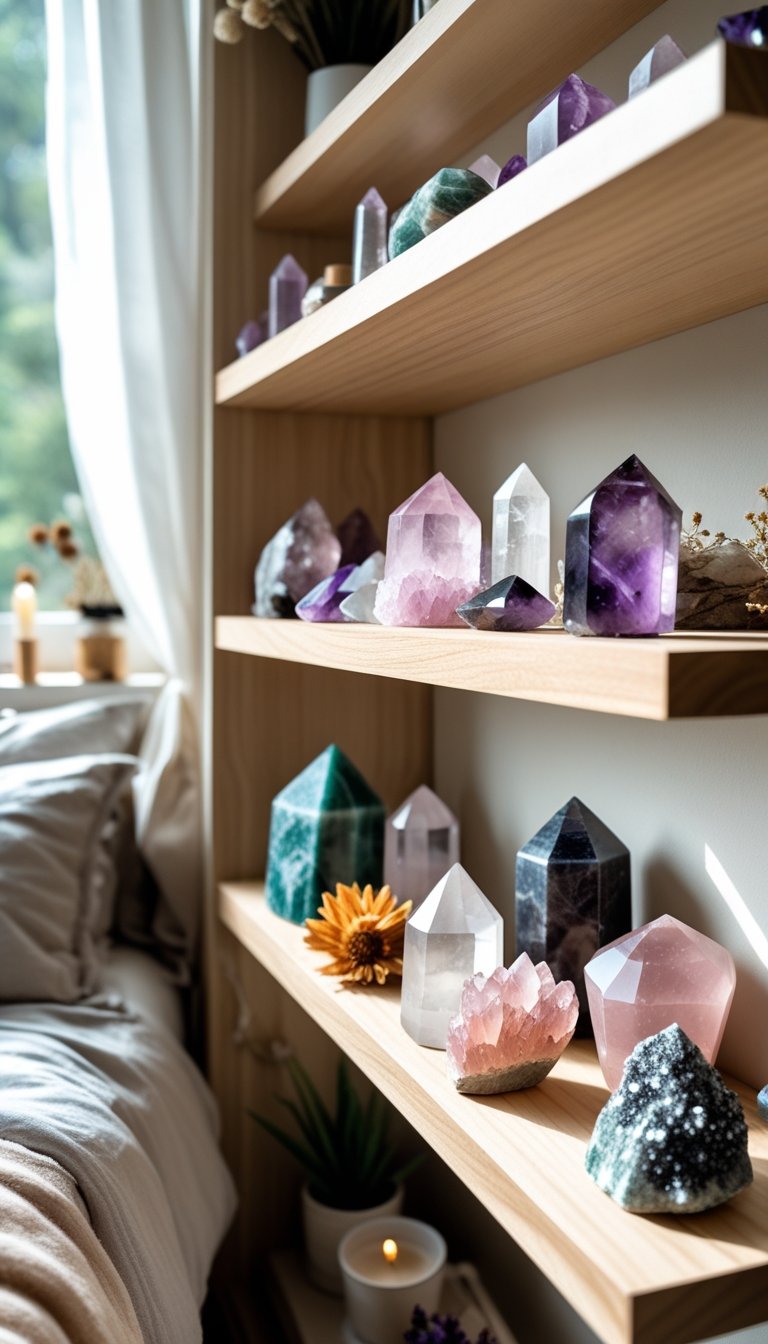 Wooden shelves displaying various colorful crystals and gemstones in a bedroom corner with soft natural light.