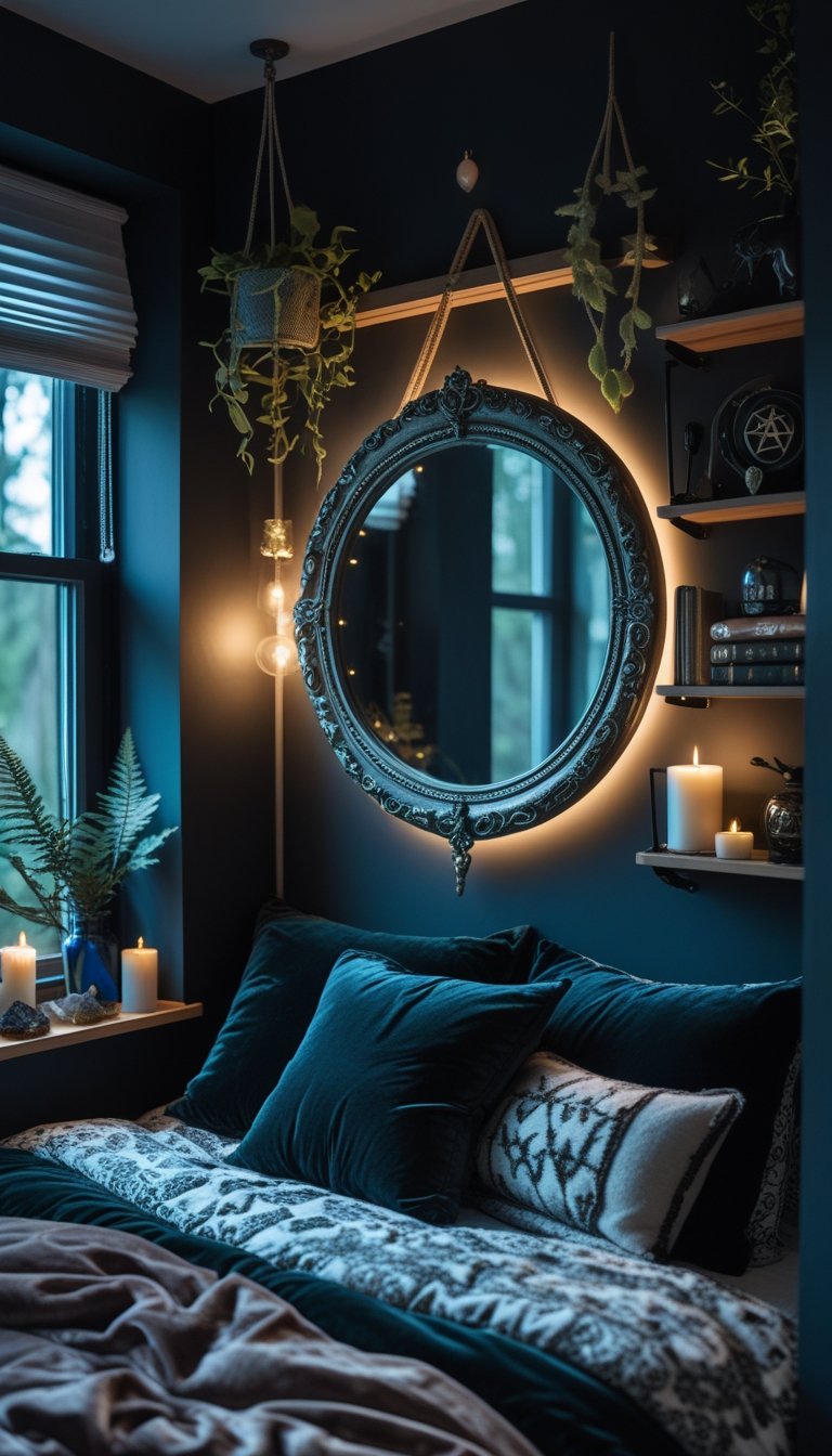 A small bedroom with a round ornate mirror on the wall, cozy bed with patterned linens, candles, crystals, and plants creating a mystical atmosphere.