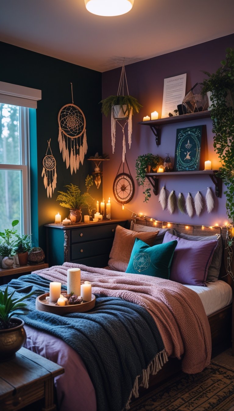 A cozy bedroom with warm, dark-colored walls, soft lighting, a comfortable bed, wooden furniture, plants, and mystical decorations like crystals and dreamcatchers.