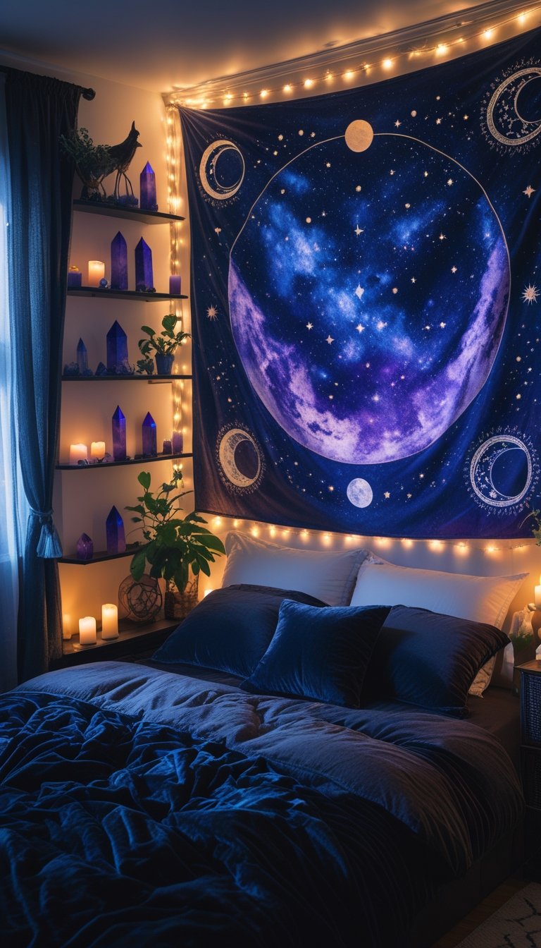 A cozy bedroom with a large celestial tapestry on the wall, featuring stars, moons, and planets, surrounded by candles, crystals, and plants.