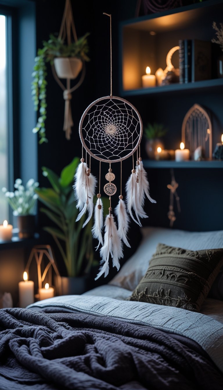 Small bedroom with a bed and an intricate dreamcatcher hanging above it, surrounded by plants and mystical decor.