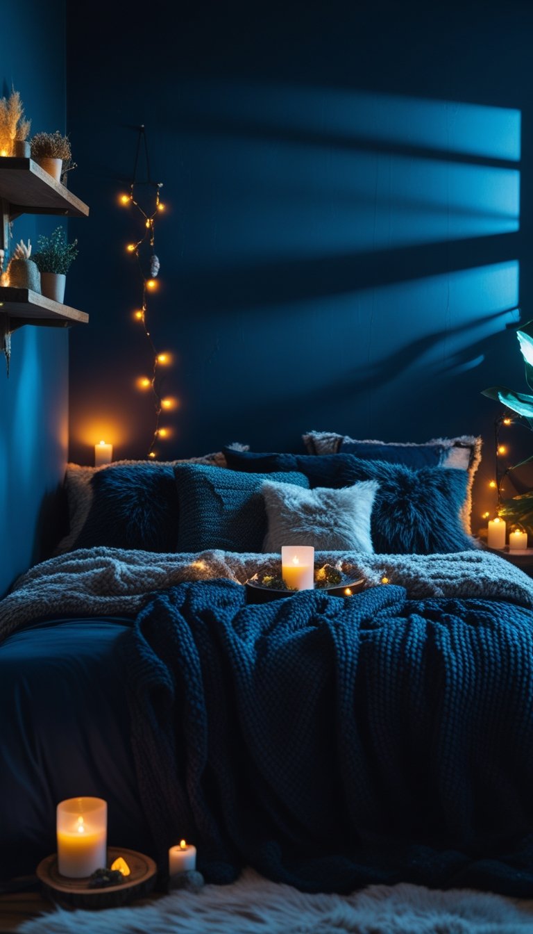 A cozy bedroom with deep blue walls, warm candlelight, a bed with textured blankets and pillows, and natural decorative elements like plants and crystals.