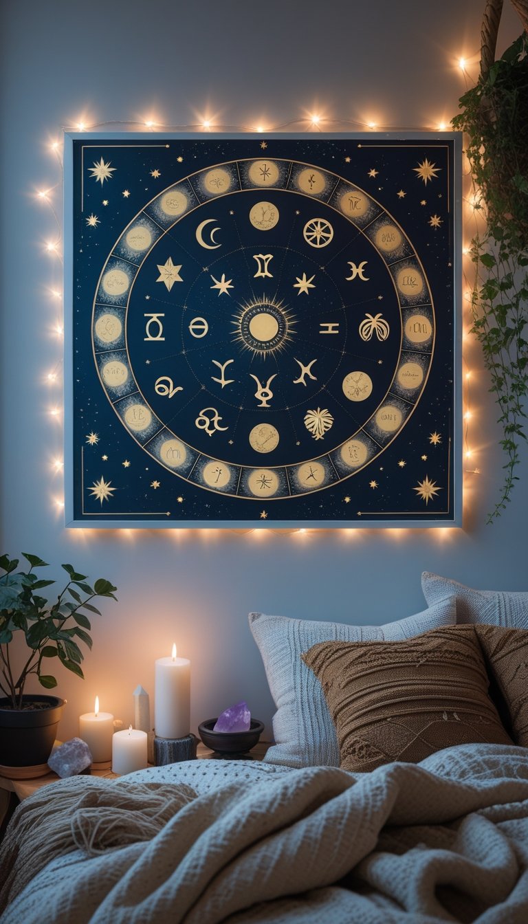 A cozy bedroom corner with astrology zodiac wall art, candles, crystals, and soft lighting creating a warm atmosphere.