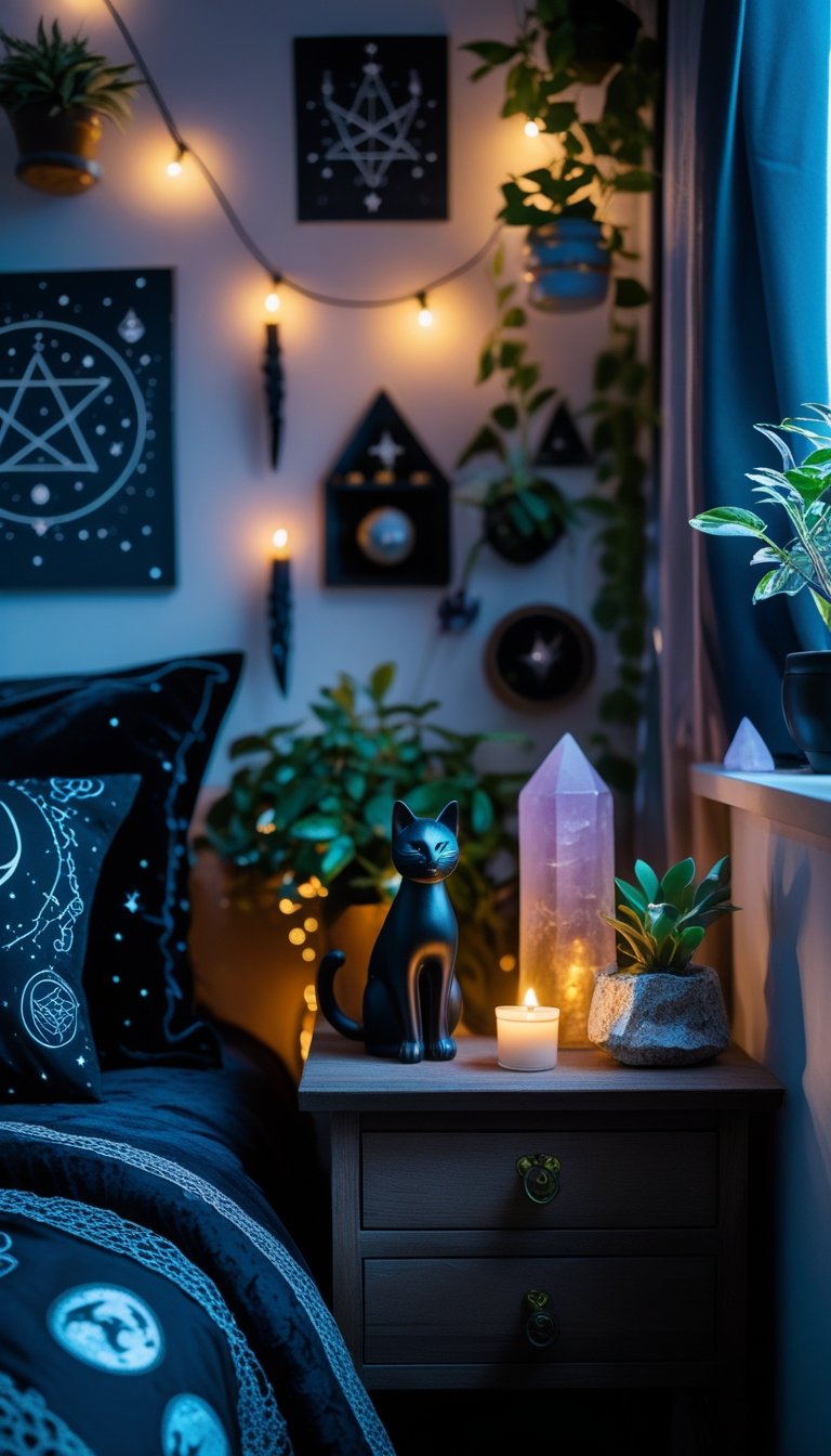 A small bedroom with dark decor featuring a black cat figurine on a bedside table surrounded by candles, crystals, and plants.