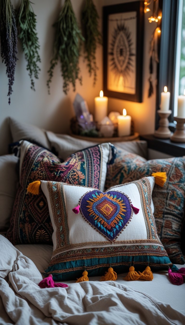 A cozy bedroom corner with patterned throw pillows on a bed, surrounded by candles, crystals, and dried herbs on a nightstand.