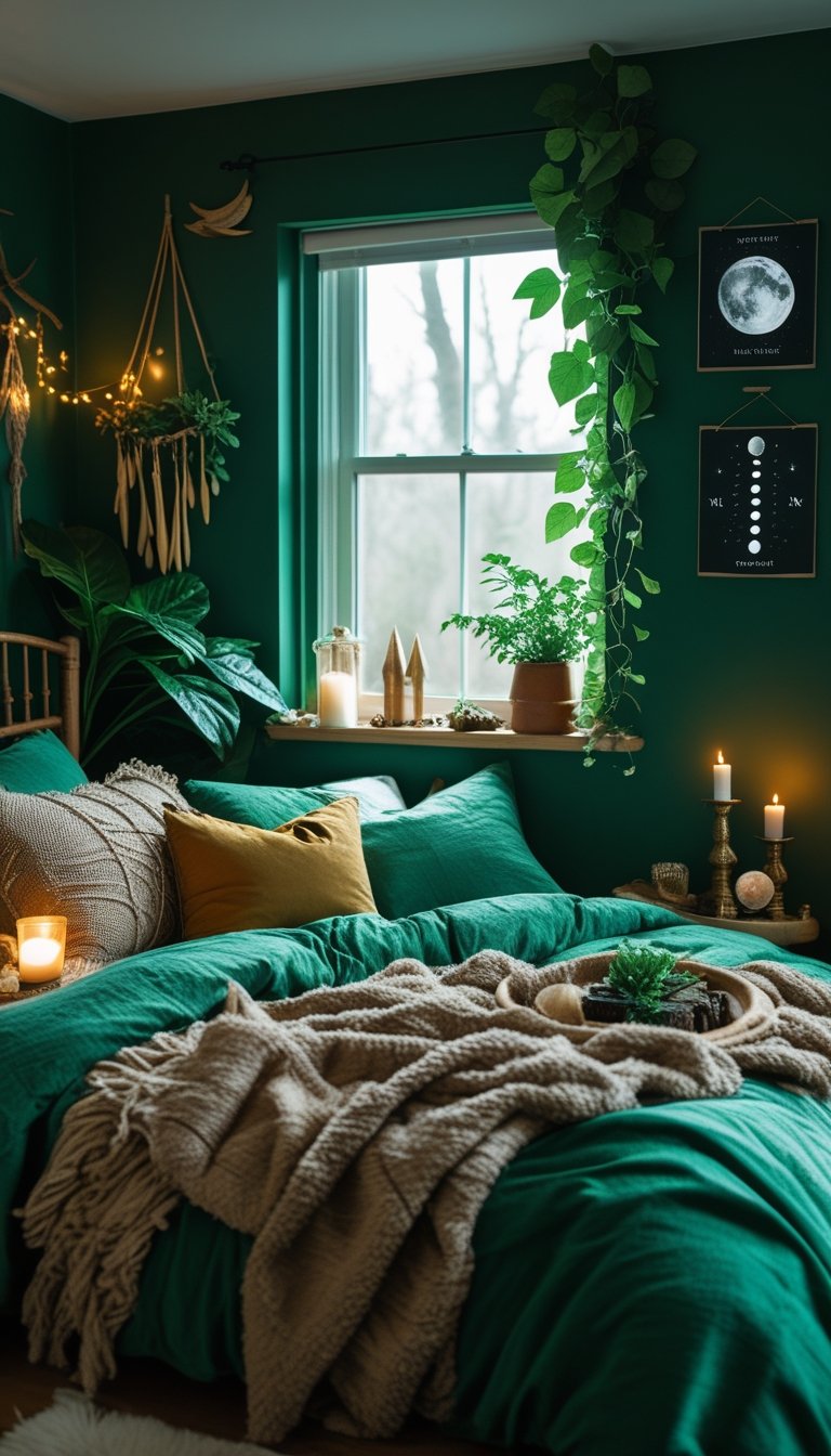 A cozy bedroom with emerald green walls, natural wooden furniture, soft bedding, plants, and subtle mystical decorations creating a calm and inviting atmosphere.