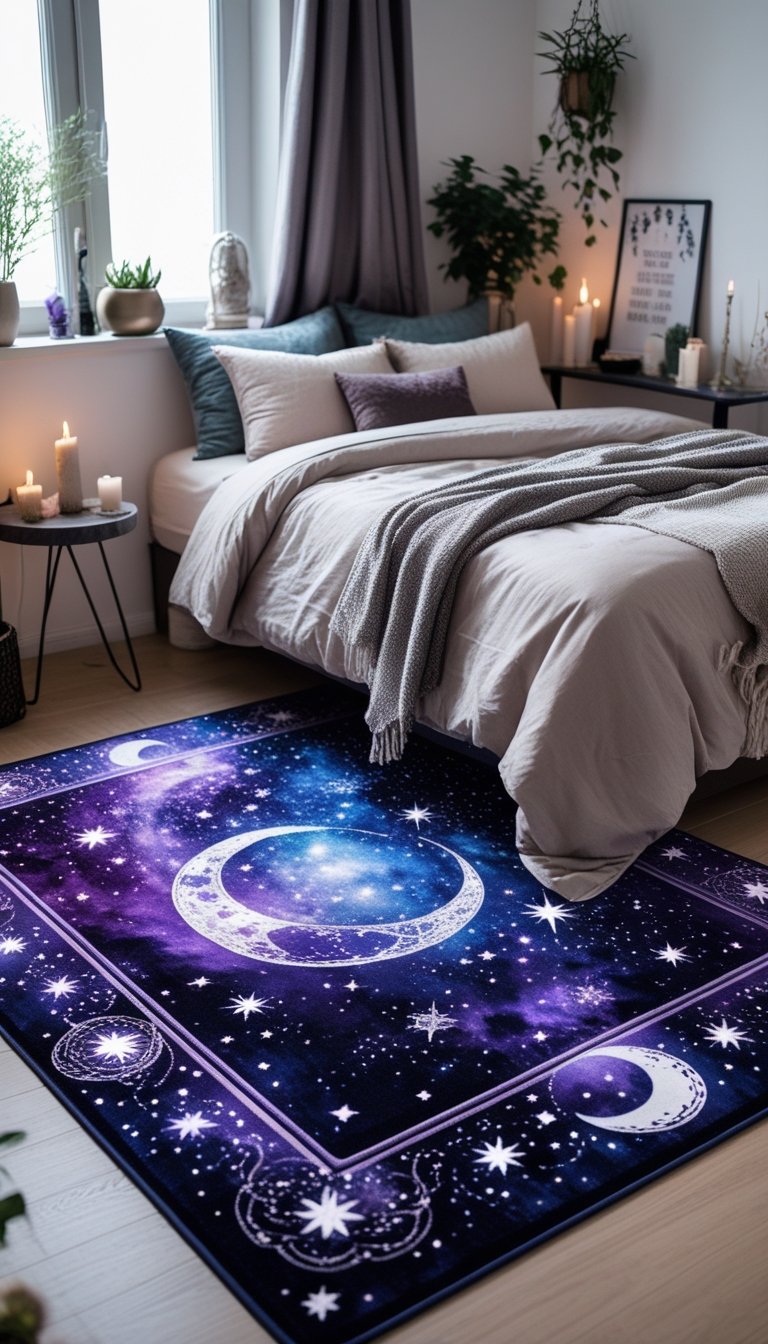 Small bedroom with a bed over a celestial-themed area rug featuring stars and moons, decorated with crystals and candles.