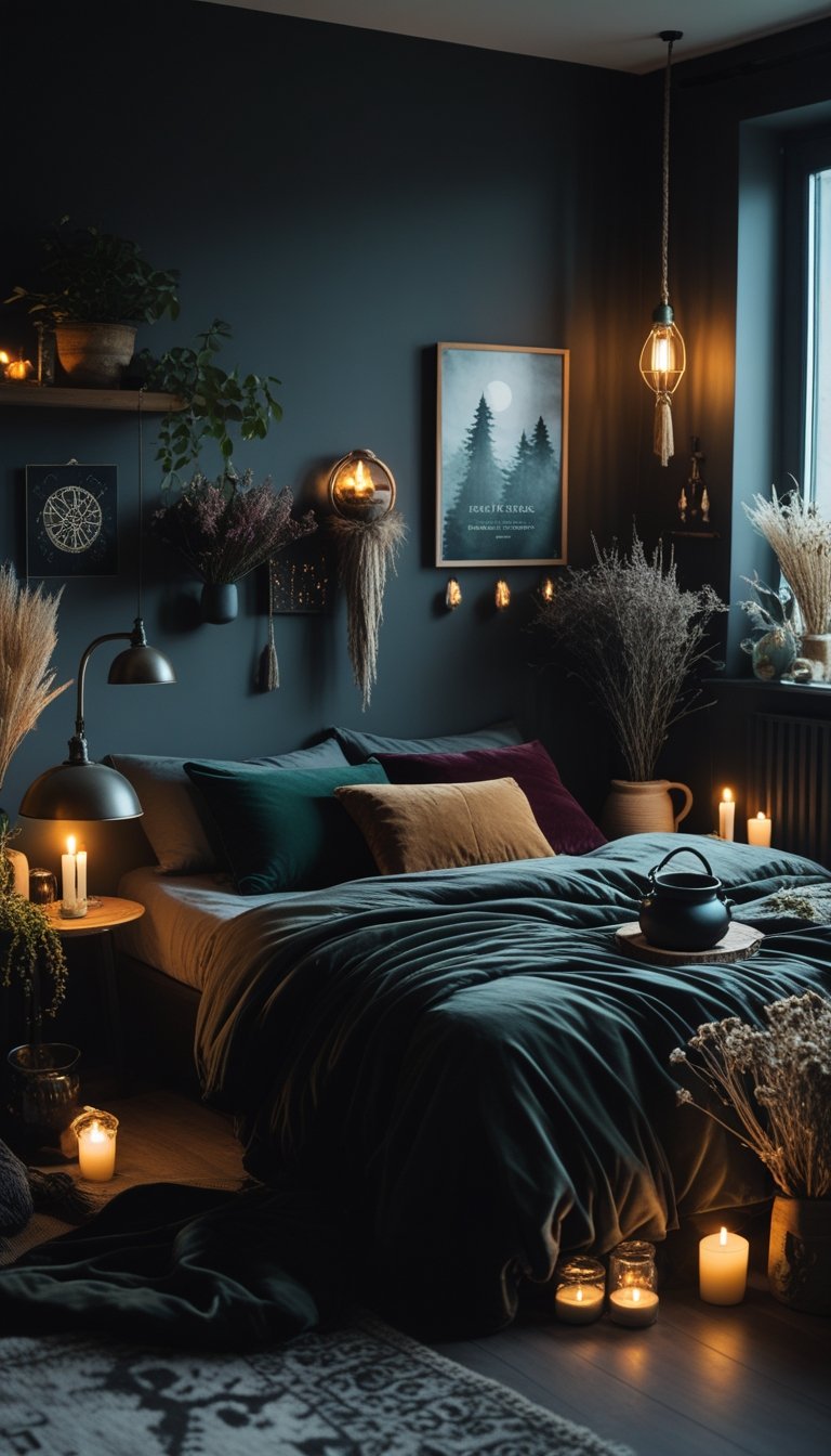A cozy bedroom with charcoal gray walls, a comfortable bed, warm lighting, plants, and subtle mystical decorations.
