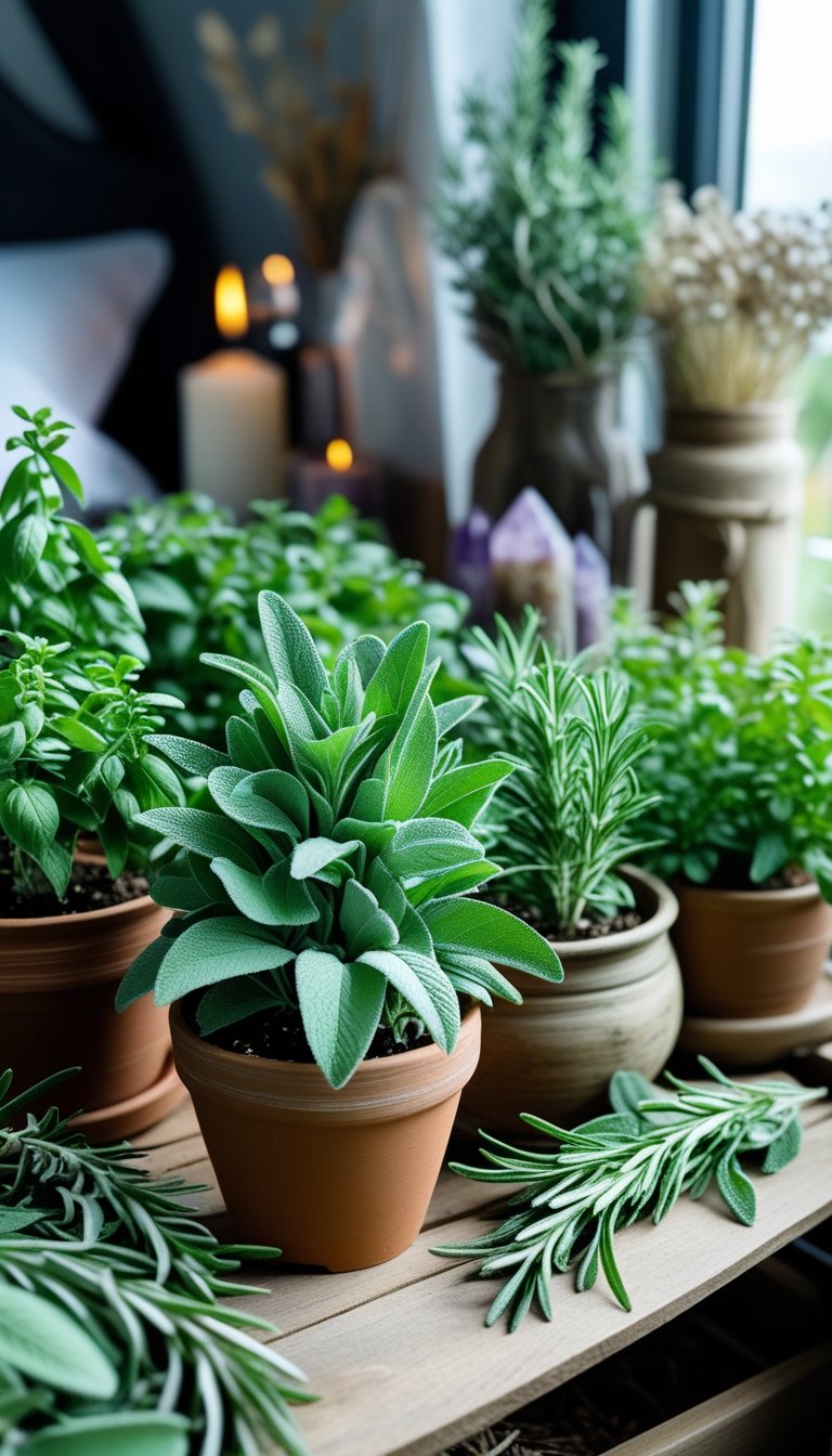 Fresh sage and rosemary plants growing in pots with a cozy bedroom background.