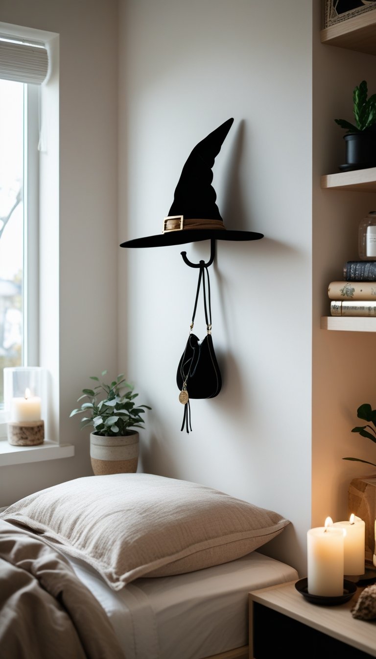 A small bedroom corner with a bed, a black witch hat-shaped wall hook holding a hanging item, and a bedside table with candles and a plant.