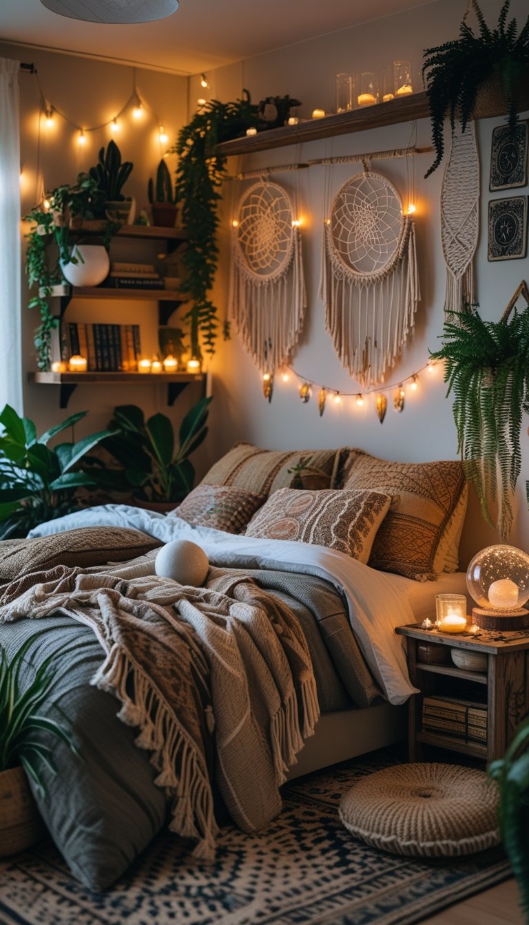 A cozy bedroom with a bed, plants, shelves with crystals and books, warm lighting, and decorative rugs.