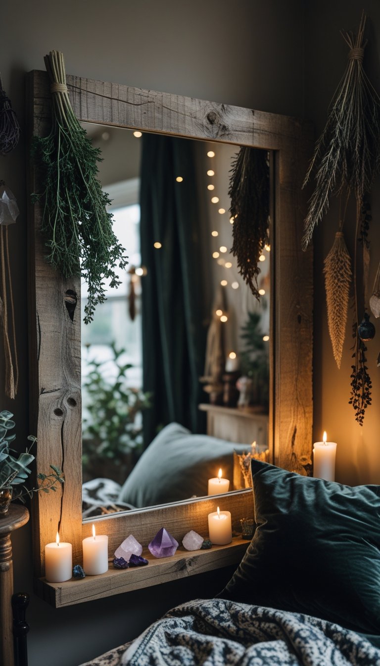 A bedroom corner with a large rustic wood-framed mirror surrounded by candles, crystals, dried herbs, and cozy textiles.