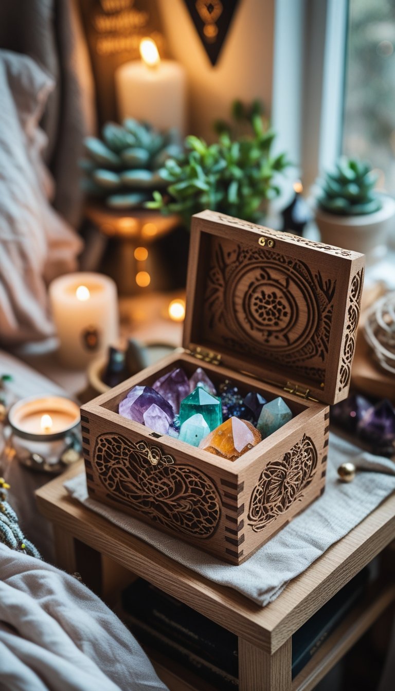 A small carved wooden box open on a bedside table, displaying colorful crystals inside, in a cozy bedroom corner.