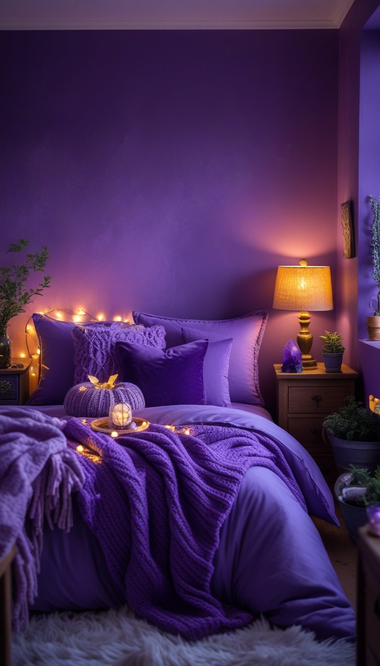A cozy bedroom with deep purple walls, soft bedding, warm lighting, and decorative plants and crystals on nightstands.