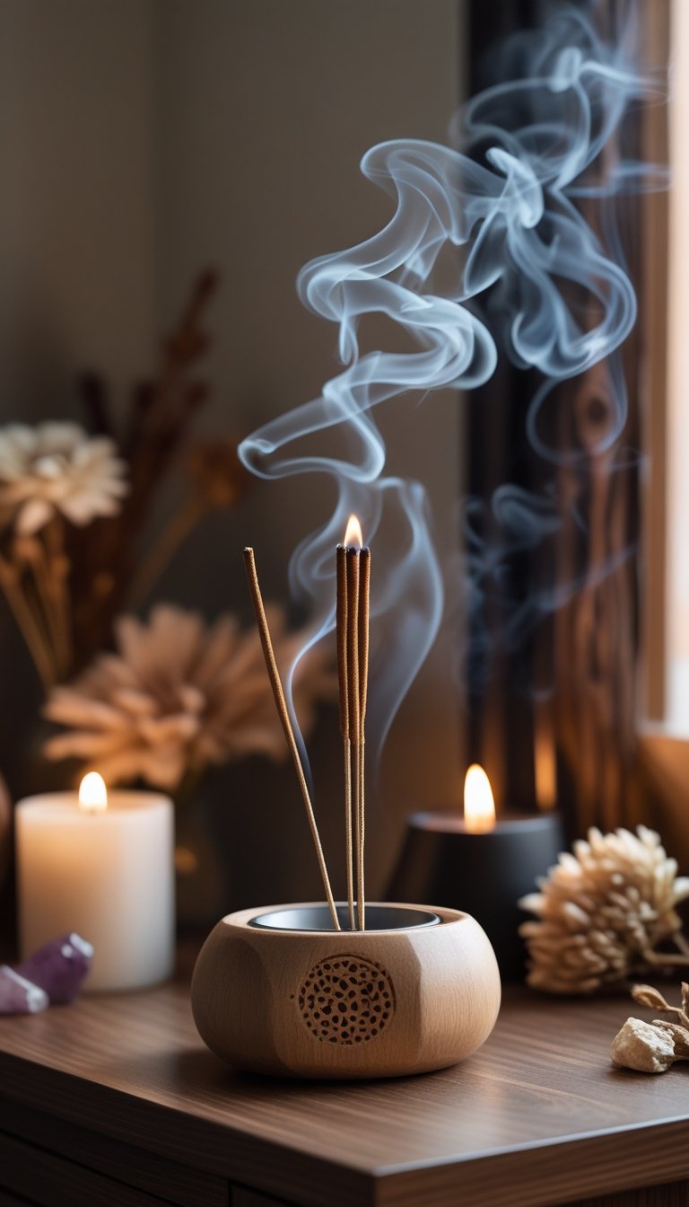 A bedroom corner with an incense holder holding burning sandalwood sticks, surrounded by candles, crystals, and dried flowers.