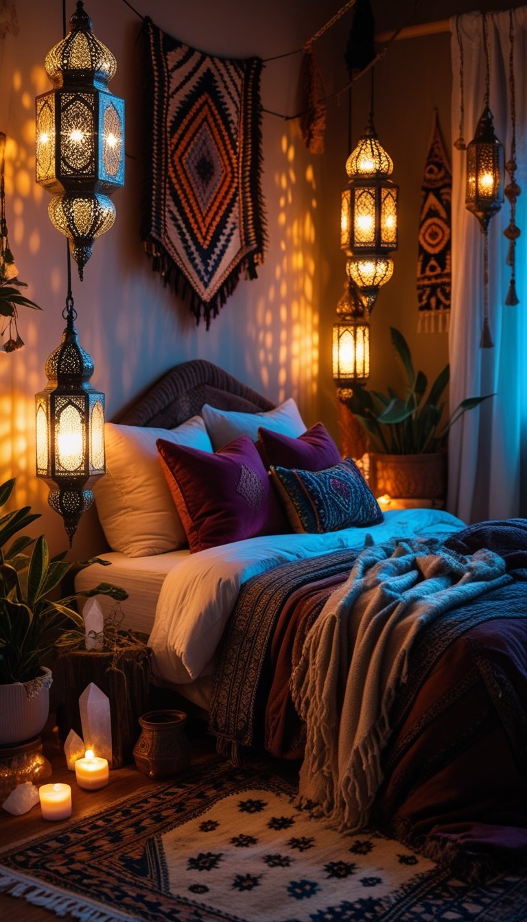 A cozy bedroom lit by glowing Moroccan lamps with cushions, rugs, plants, and crystals arranged around a neatly made bed.