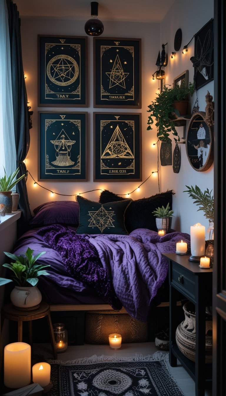 A small bedroom with dark wood framed tarot card prints on the walls, a bed with layered bedding, candles, plants, and mystical decor creating a cozy, magical atmosphere.