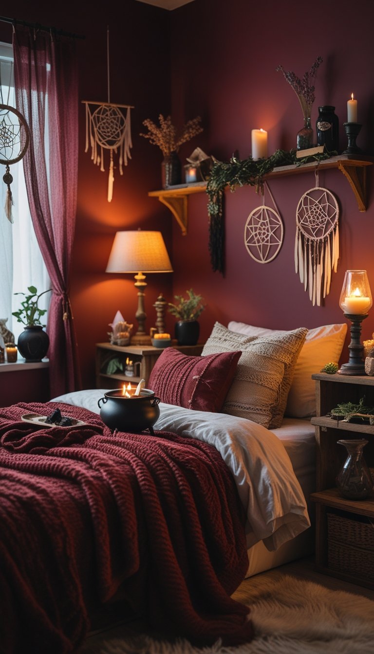 A cozy bedroom with burgundy walls, a bed with layered blankets and pillows, warm lighting, and mystical decor like candles, crystals, and dried herbs.