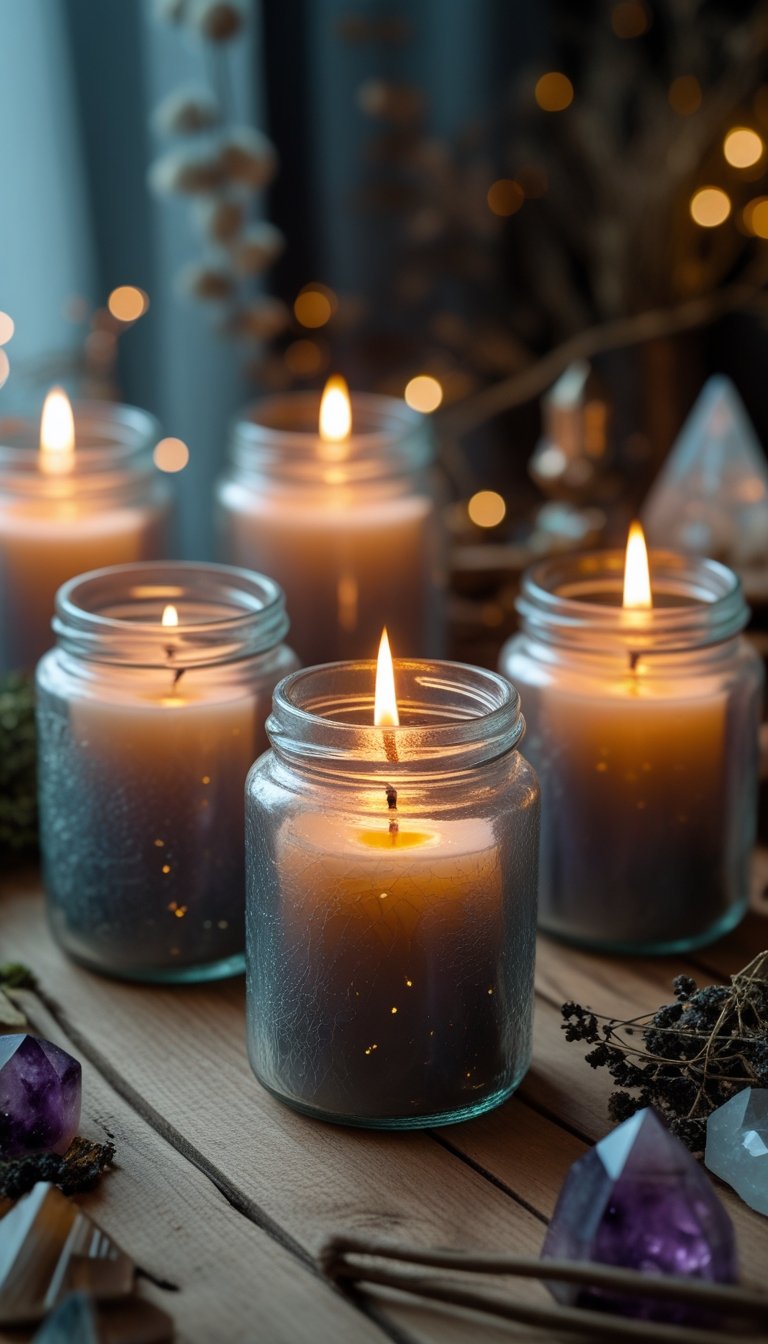 Several candles burning inside smoky glass jars on a wooden surface with dried herbs and crystals around them.