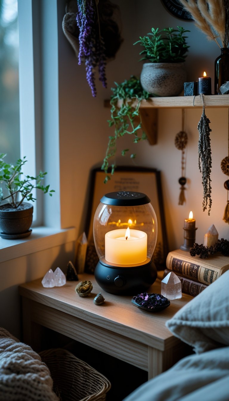 A small bedroom corner with a compact candle lamp glowing warmly, surrounded by crystals, plants, and mystical decor.