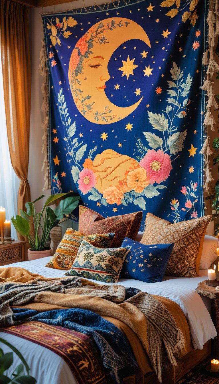 A cozy bedroom with colorful tapestries featuring stars, moons, and plants hanging on the walls, a bed with patterned pillows and throws, plants, candles, and wooden furniture.