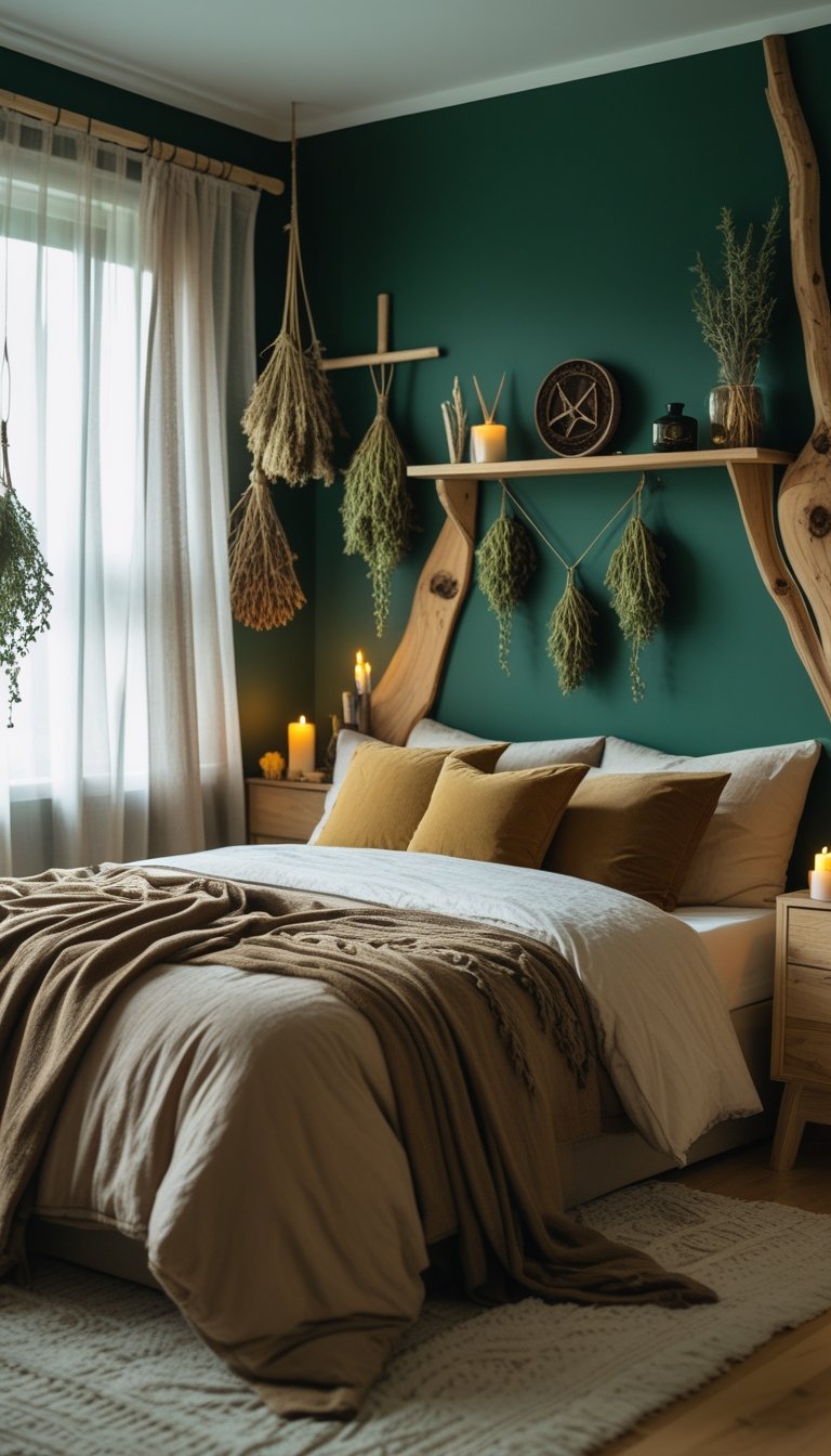 Cozy bedroom with a forest green wall, wooden furniture, and soft natural lighting creating a warm and inviting atmosphere.