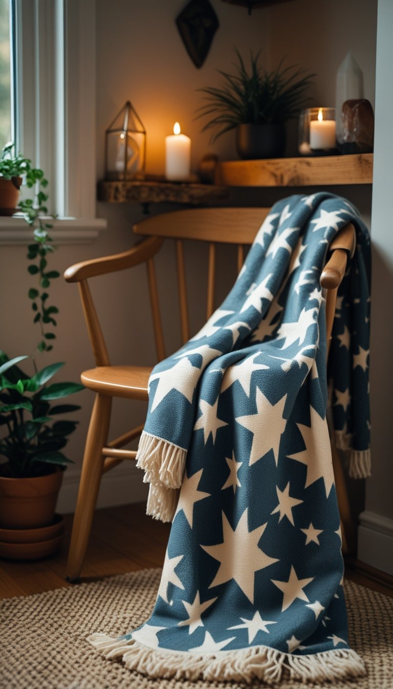 A wooden chair with a star-patterned throw blanket draped over it in a small bedroom corner with warm lighting and subtle witchy decor.