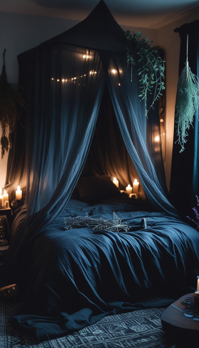 A bedroom with a bed covered by a sheer dark fabric canopy, surrounded by candles and crystals, creating a cozy and mystical atmosphere.