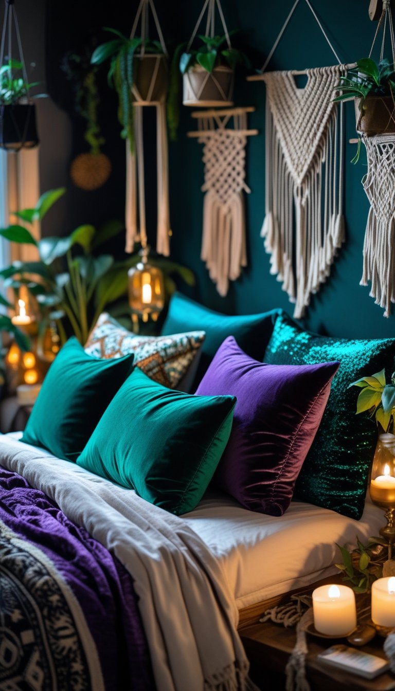 A cozy bedroom with a bed decorated with deep jewel-toned textured pillows, surrounded by plants, candles, and wooden furniture.