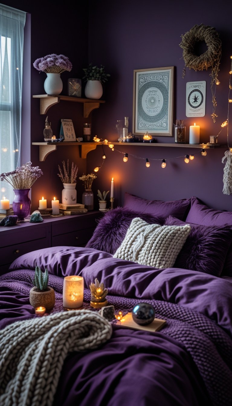 A cozy bedroom painted deep plum with warm lighting, a bed with layered bedding and pillows, wooden shelves with plants and crystals, and mystical decor items.