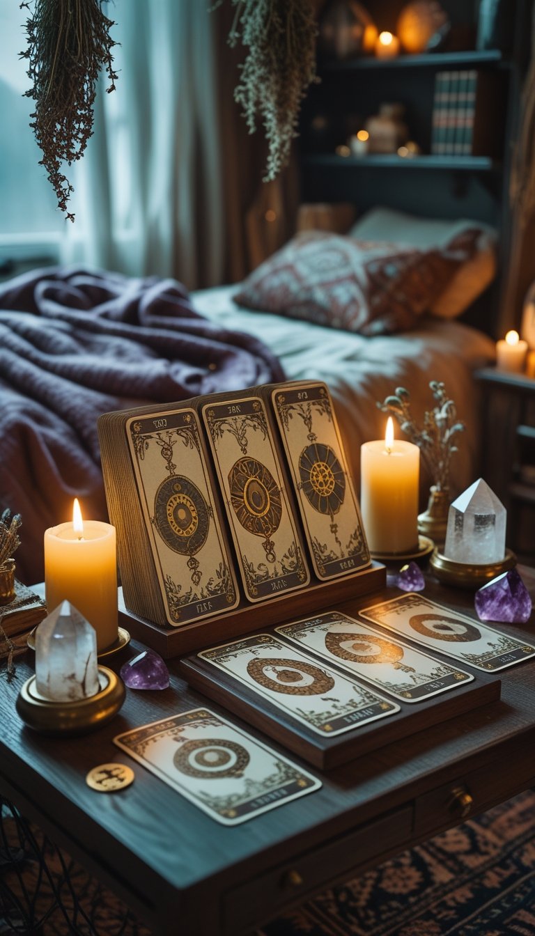 A wooden table with antique tarot cards displayed alongside candles, crystals, dried herbs, and a cozy bedroom background.