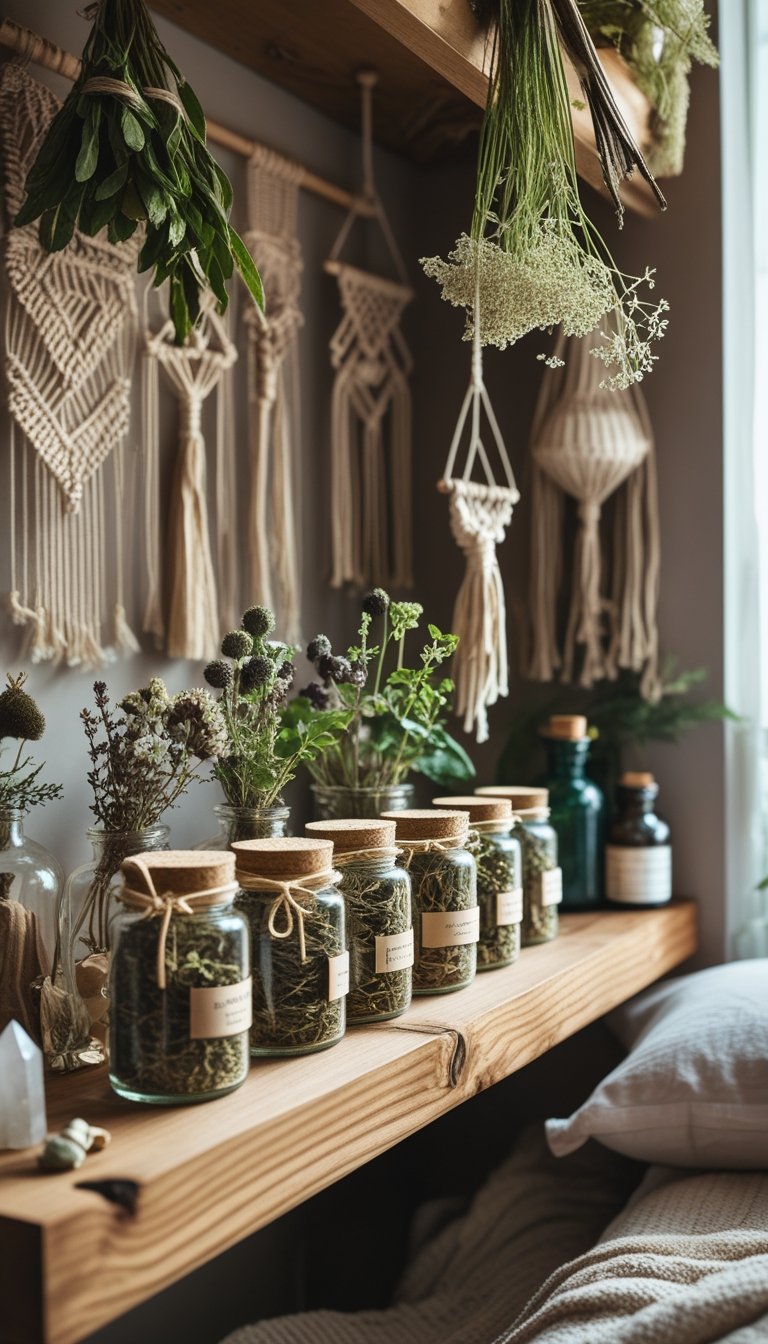 A wooden shelf holding glass jars filled with dried herbs and hanging bundles of dried flowers in a cozy bedroom nook.