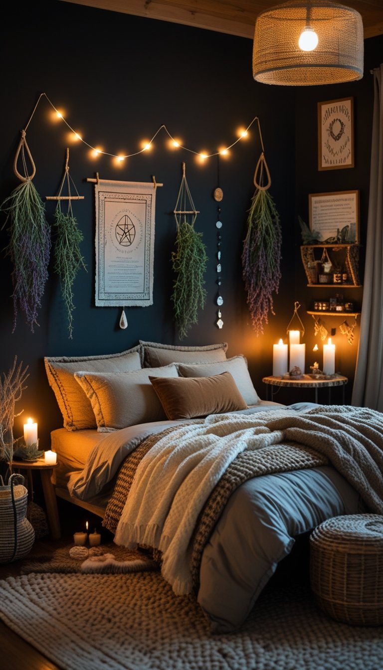 A cozy bedroom with soft black walls, warm lighting, a comfortable bed with layered bedding, natural textures, and subtle mystical decor.