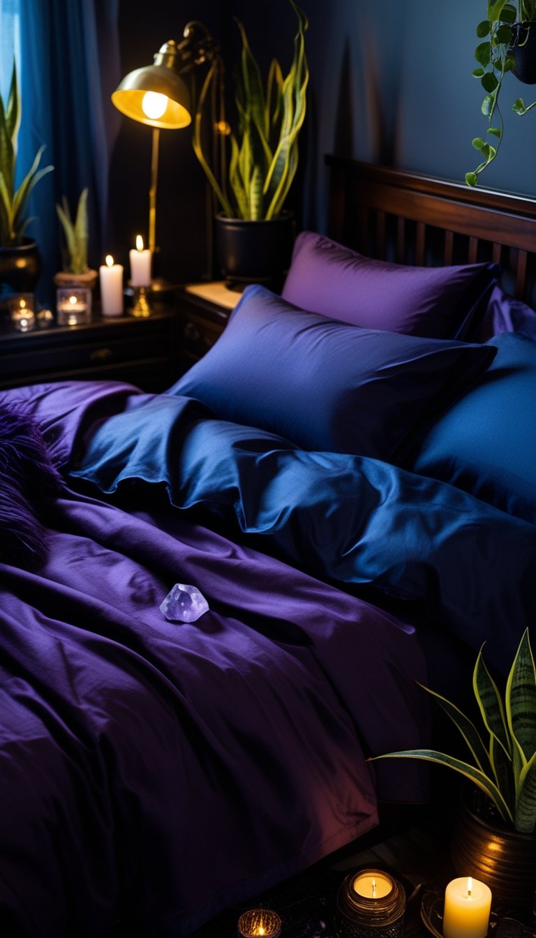A bedroom with a neatly made bed covered in dark purple and midnight blue linens, surrounded by candles, crystals, plants, and warm lighting.