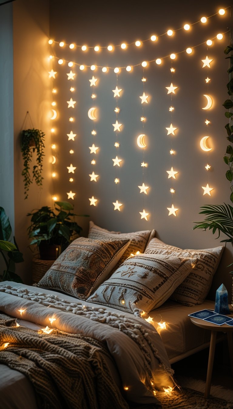 A cozy bedroom corner with hanging moon and star string lights glowing softly above a bed with patterned pillows and plants nearby.