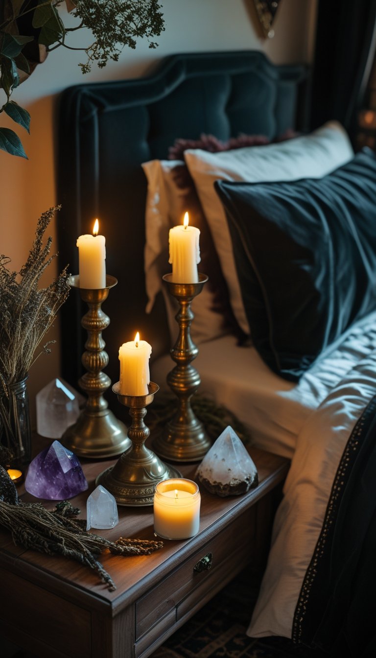A bedroom corner with vintage brass candleholders on a wooden table, surrounded by crystals, dried herbs, and dark fabrics, with warm candlelight creating a cozy atmosphere.