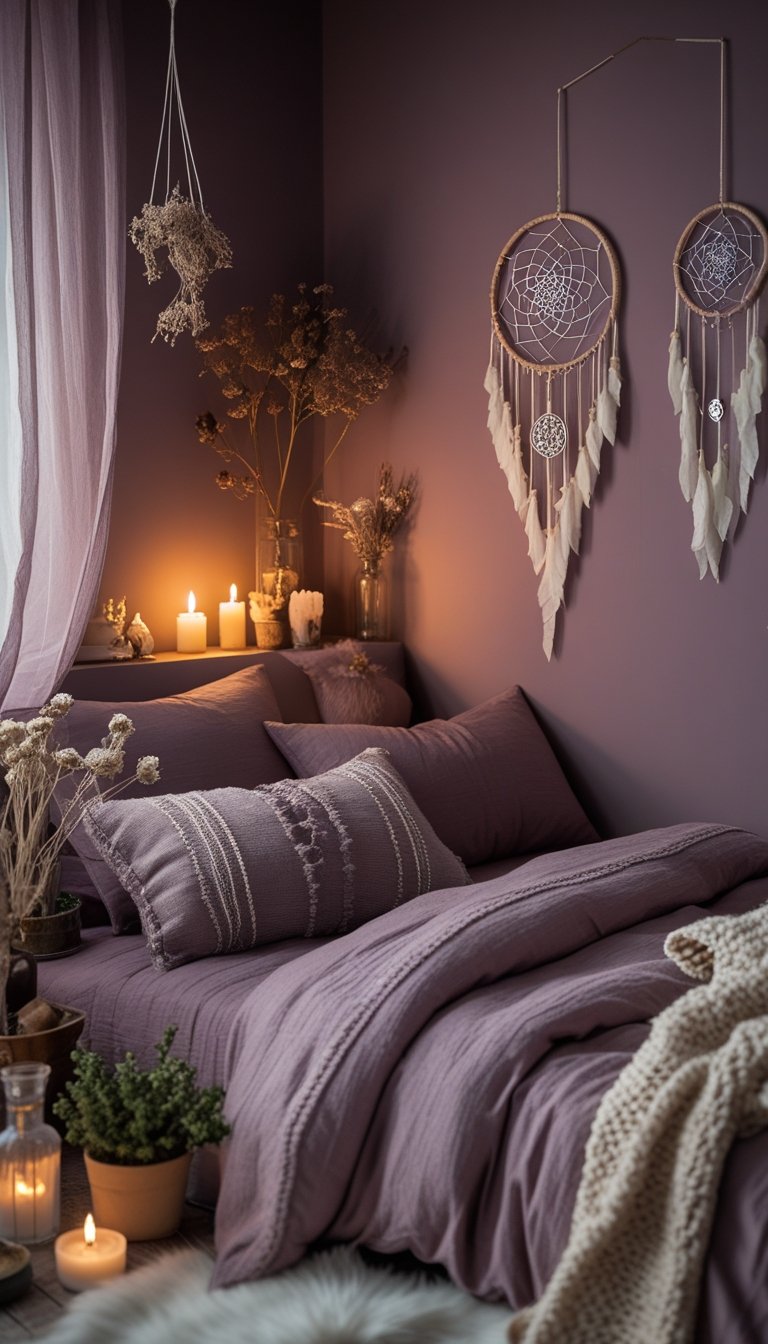A cozy bedroom with dusty mauve walls, a comfortable bed with pillows and blankets, soft lighting, and decorative plants and candles.